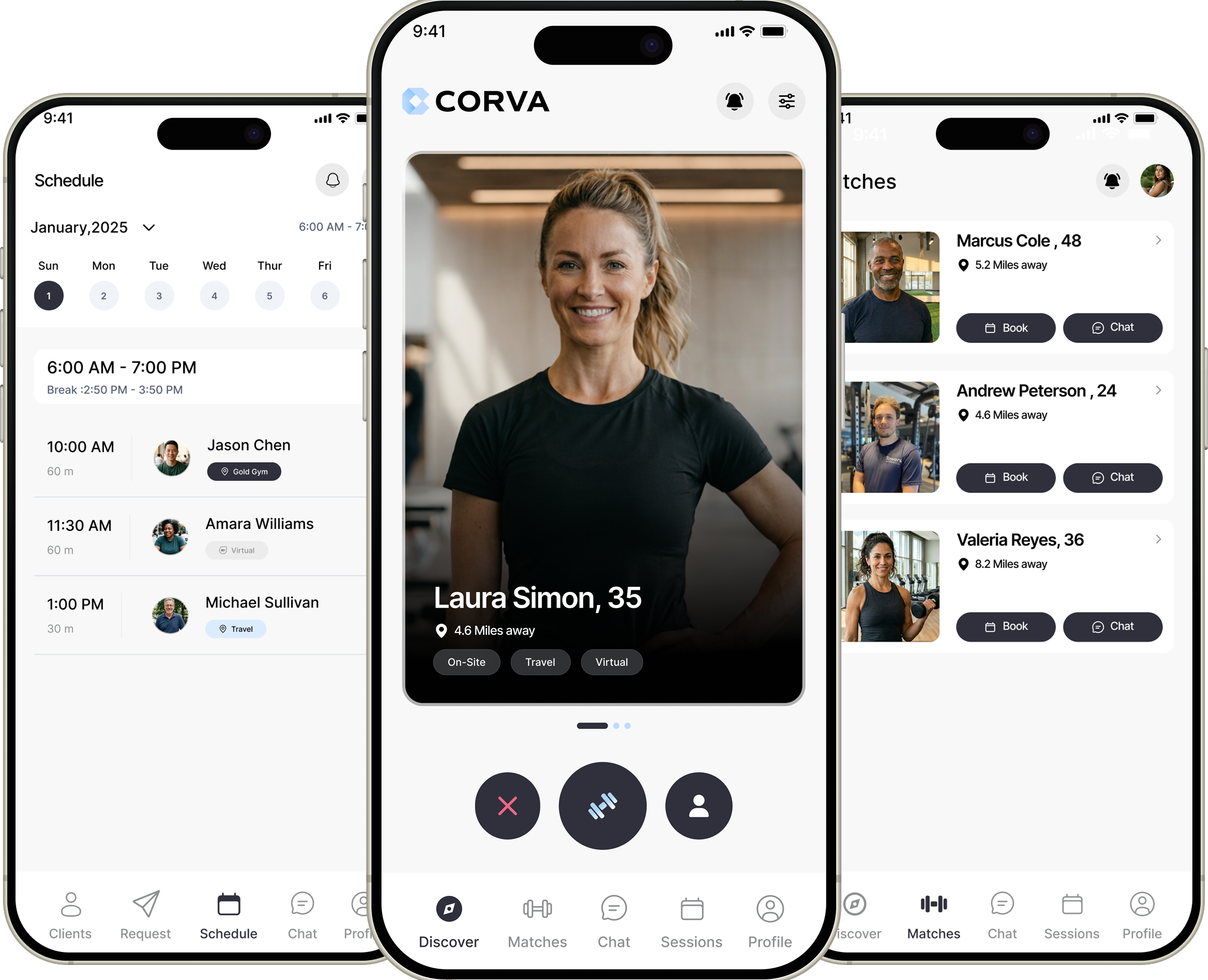 Corva app mockup showing Schedule, Discover, and Matches screens on three smartphones